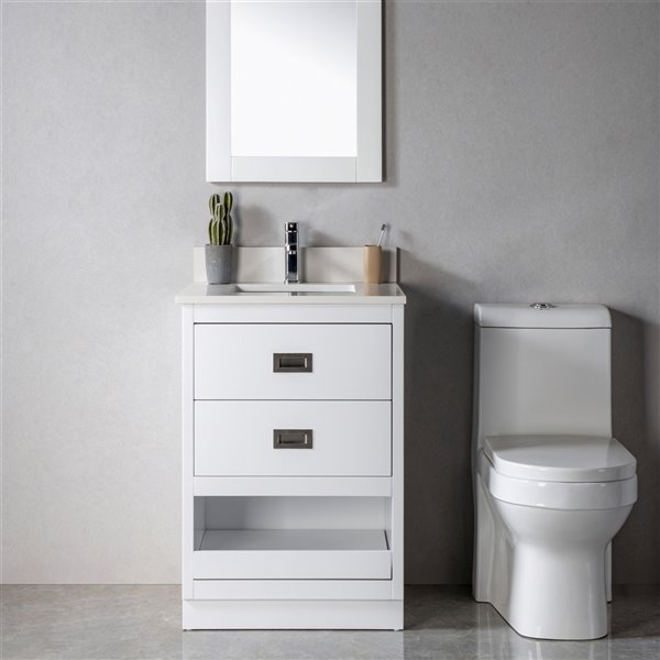 Meuble-lavabo simple Lisette blanc/nickel brossé de 24 po par Jade Bath avec comptoir en quartz blanc