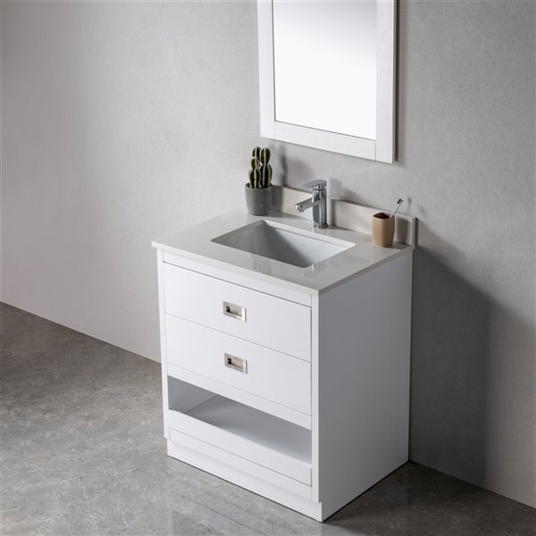 Meuble-lavabo simple Lisette blanc/nickel brossé de 24 po par Jade Bath avec comptoir en quartz blanc