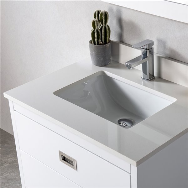 Meuble-lavabo simple Lisette blanc/nickel brossé de 24 po par Jade Bath avec comptoir en quartz blanc