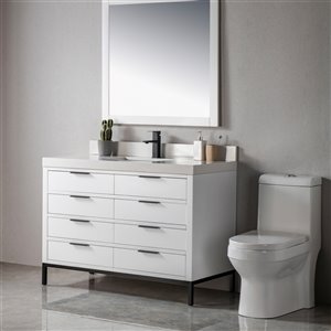 Meuble-lavabo simple Eloise par Jade Bath blanc et noir mat de 48 po avec comptoir en quartz blanc