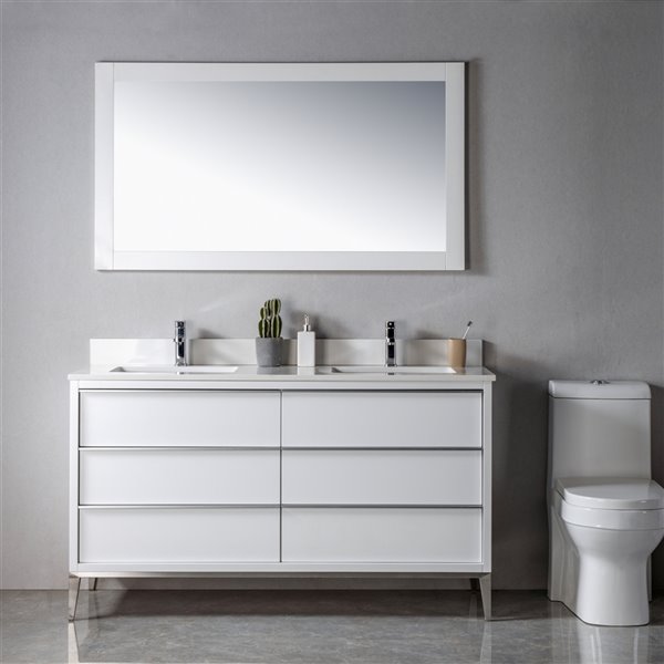 Meuble-lavabo double Amelie blanc/nickel brossé de 60 po par Jade Bath avec comptoir en quartz blanc