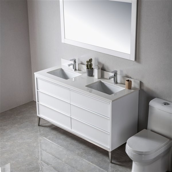 Meuble-lavabo double Amelie blanc/nickel brossé de 60 po par Jade Bath avec comptoir en quartz blanc