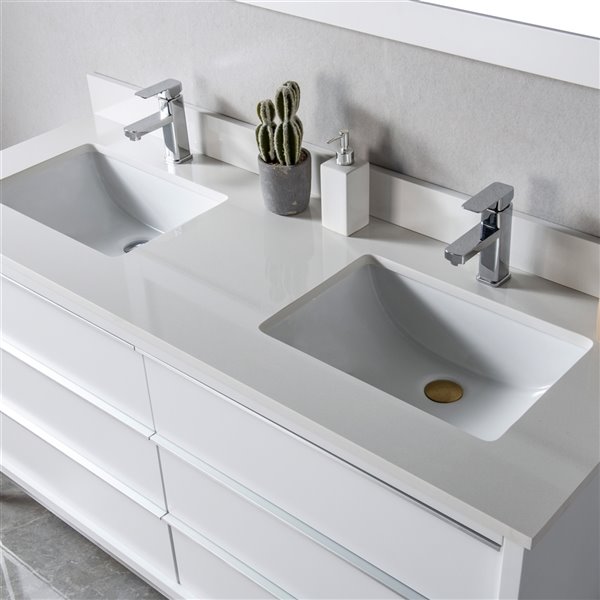 Meuble-lavabo double Amelie blanc/nickel brossé de 60 po par Jade Bath avec comptoir en quartz blanc