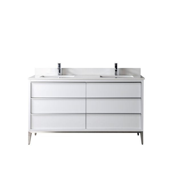 Jade Bath Amelie 60-in White/Brushed Nickel Double Sink Bathroom Vanity with White Quartz Top