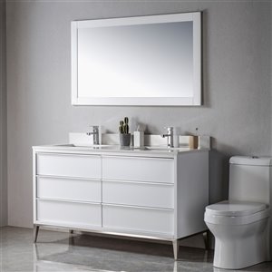 Meuble-lavabo double Amelie blanc/nickel brossé de 60 po par Jade Bath avec comptoir en quartz blanc