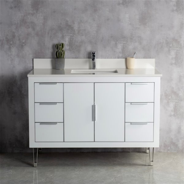 Jade Bath Estelle 48-in White/Brushed Nickel Single Sink Bathroom Vanity with White Quartz Top