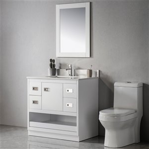 Meuble-lavabo simple Lisette blanc/nickel brossé de 36 po par Jade Bath avec comptoir en quartz blanc