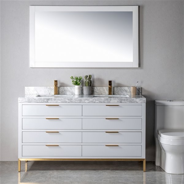 Jade Bath Eloise 60-in Soft Grey/Gold Double Sink Bathroom Vanity with Carrara Marble Top