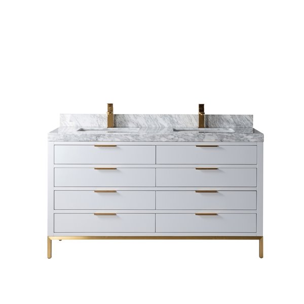 Jade Bath Eloise 60-in Soft Grey/Gold Double Sink Bathroom Vanity with Carrara Marble Top