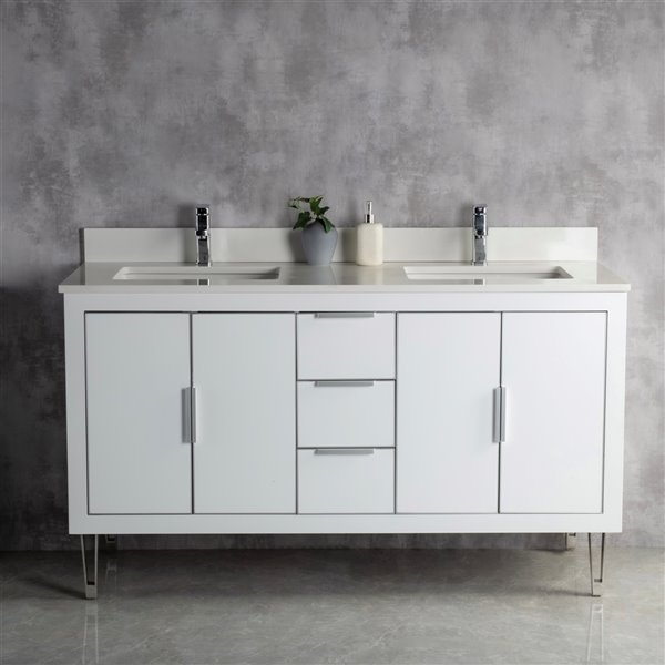 Jade Bath Estelle 60-in White/Brushed Nickel Double Sink Bathroom Vanity Cabinet with White Quartz Top