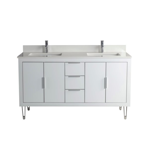 Jade Bath Estelle 60-in White/Brushed Nickel Double Sink Bathroom Vanity Cabinet with White Quartz Top