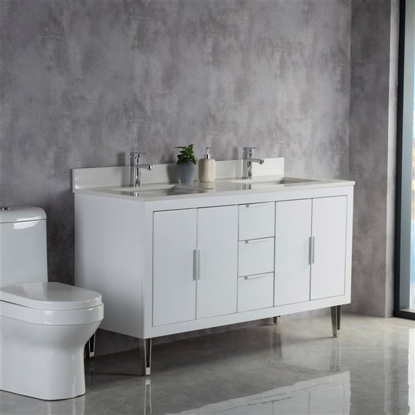 Meuble-lavabo double Estelle blanc/nickel brossé de 60 po par Jade Bath avec comptoir en quartz blanc