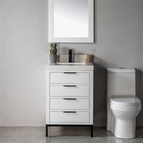 Meuble-lavabo simple Eloise par Jade Bath blanc et noir mat de 23 po avec comptoir en quartz blanc