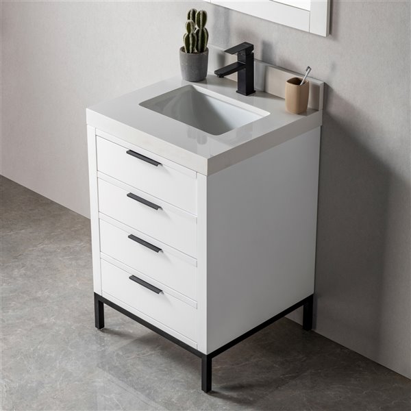 Meuble-lavabo simple Eloise par Jade Bath blanc et noir mat de 23 po avec comptoir en quartz blanc