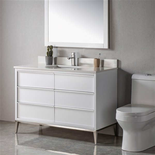 Meuble-lavabo simple Amélie blanc/nickel brossé de 48 po par Jade Bath avec comptoir en quartz blanc