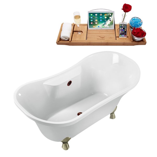 Streamline 34W x 68L Glossy White Acrylic Clawfoot Bathtub with Brushed Nickel Feet and Center Drain with Tray