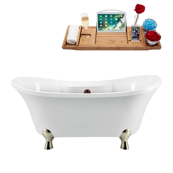 Streamline 34W x 68L Glossy White Acrylic Clawfoot Bathtub with Brushed Nickel Feet and Center Drain with Tray