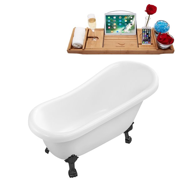 Baignoire sur pieds noir mat en acrylique blanc lustré Streamline de 28 po x 61 po avec drain réversible et plateau