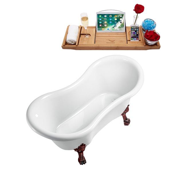 Baignoire sur pieds bronze huilé mat en acrylique blanc lustré Streamline de 31 po x 62 po avec drain réversible et plateau