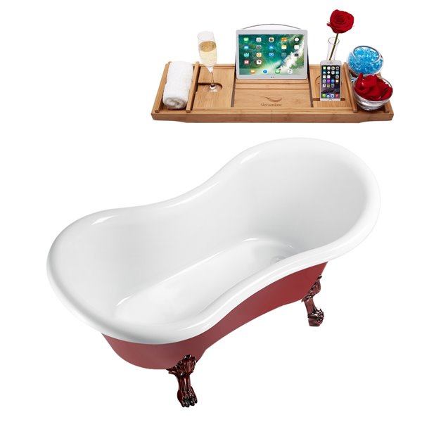 Streamline 31W x 62L Glossy Red Acrylic Clawfoot Bathtub with Matte Oil Rubbed Bronze Feet and Reversible Drain with Tray