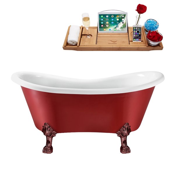 Streamline 31W x 62L Glossy Red Acrylic Clawfoot Bathtub with Matte Oil Rubbed Bronze Feet and Reversible Drain with Tray