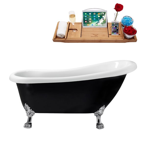 Streamline 28W x 61L Glossy Black Acrylic Clawfoot Bathtub with Polished Chrome Feet and Reversible Drain with Tray