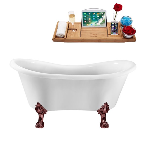 Streamline 31W x 62L Glossy White Acrylic Clawfoot Bathtub with Matte Oil Rubbed Bronze Feet and Reversible Drain with Tray