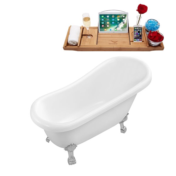 Baignoire sur pieds chrome poli en acrylique blanc lustré Streamline de 28 po x 61 po avec drain réversible et plateau