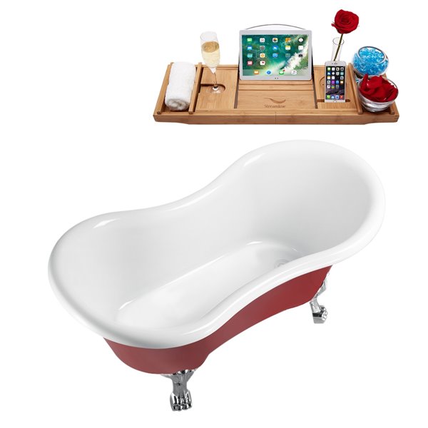 Streamline 31W x 62L Glossy Red Acrylic Clawfoot Bathtub with Polished Chrome Feet and Reversible Drain with Tray