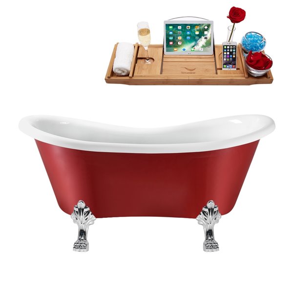 Streamline 31W x 62L Glossy Red Acrylic Clawfoot Bathtub with Polished Chrome Feet and Reversible Drain with Tray