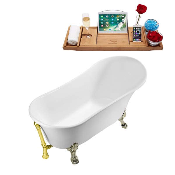 Streamline 27W x 55L Glossy White Acrylic Clawfoot Bathtub with Brushed Nickel Feet and Reversible Drain with Tray