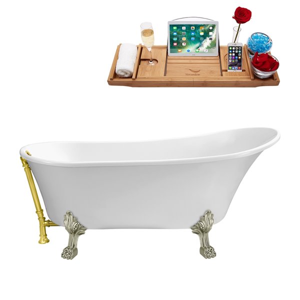 Streamline 27W x 55L Glossy White Acrylic Clawfoot Bathtub with Brushed Nickel Feet and Reversible Drain with Tray