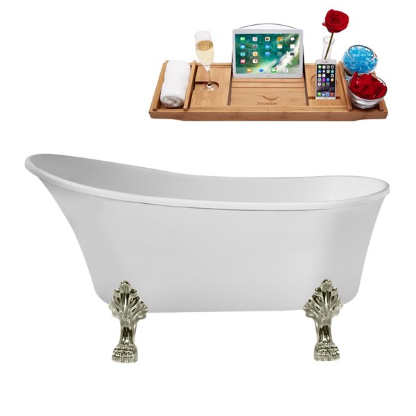 Streamline 32W x 67L Glossy White Acrylic Clawfoot Bathtub with Brushed Nickel Feet and Reversible Drain with Tray
