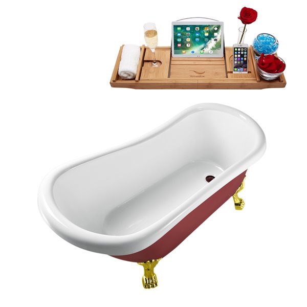 Streamline 28W x 61L Glossy Red Acrylic Clawfoot Bathtub with Polished Gold Feet and Reversible Drain with Tray