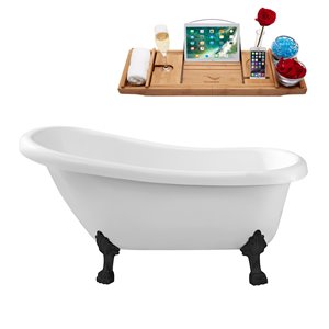 Streamline 28W x 61L Glossy White Acrylic Clawfoot Bathtub with Matte Black Feet and Reversible Drain with Tray