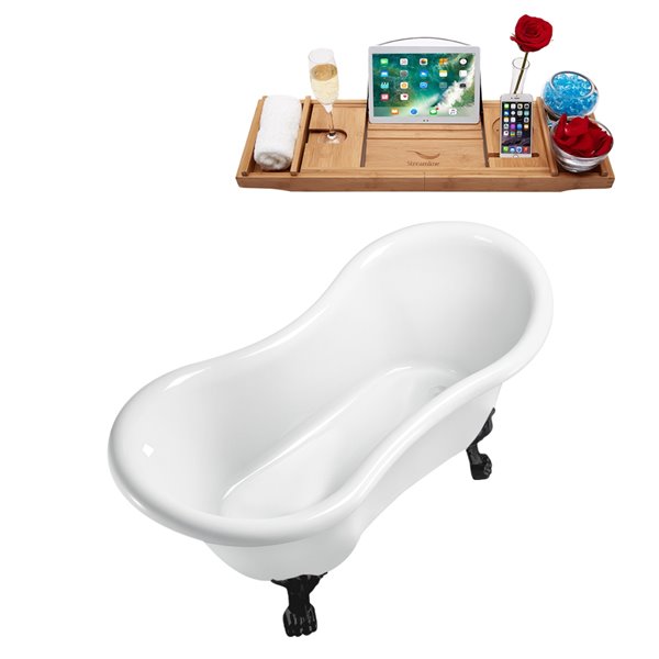 Streamline 31W x 62L Glossy White Acrylic Clawfoot Bathtub with Matte Black Feet and Reversible Drain with Tray