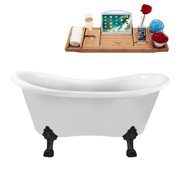 Streamline 31W x 62L Glossy White Acrylic Clawfoot Bathtub with Matte Black Feet and Reversible Drain with Tray