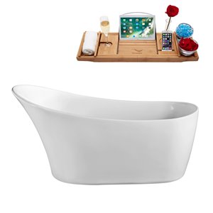 Streamline 31W x 67L Glossy White Acrylic Bathtub and a Matte Black Reversible Drain with Tray
