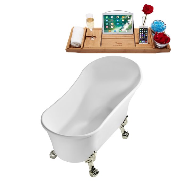 Baignoire sur pieds nickel brossé en acrylique blanc lustré Streamline de 27 po x 55 po avec drain réversible et plateau