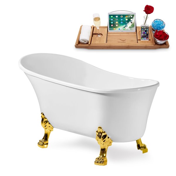 Streamline 28W x 59L Glossy White Acrylic Clawfoot Bathtub with Polished Gold Feet and Reversible Drain with Tray