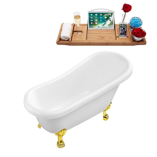 Baignoire sur pieds or poli en acrylique blanc lustré Streamline de 28 po x 61 po avec drain réversible et plateau