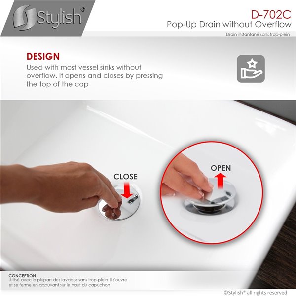 Stylish Bathroom Vanity Sink Pop-Up Drain without Overflow - Chrome