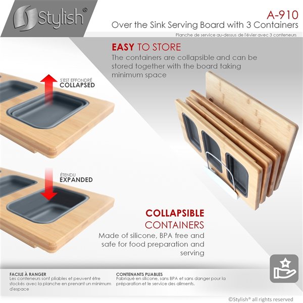 Stylish BambooWorkstation Sink Divided Serving Board with 3 Collapsible Containers - 18-in x 8.5-in