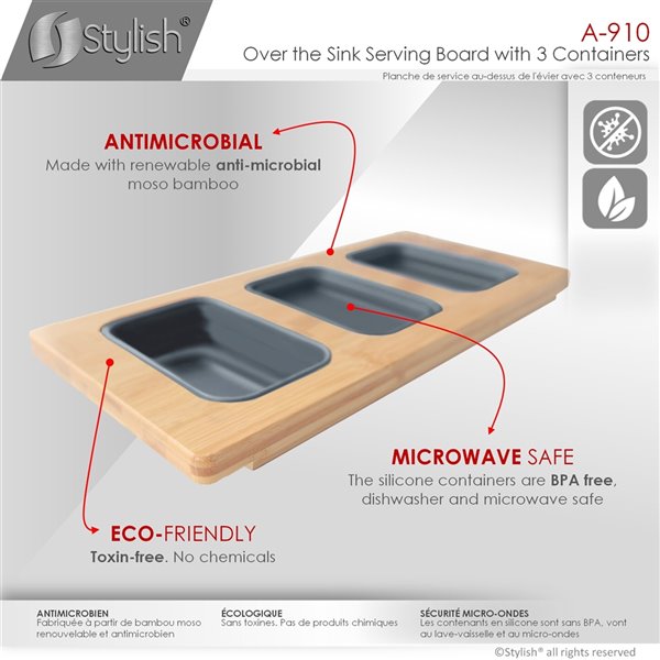 Stylish BambooWorkstation Sink Divided Serving Board with 3 Collapsible Containers - 18-in x 8.5-in