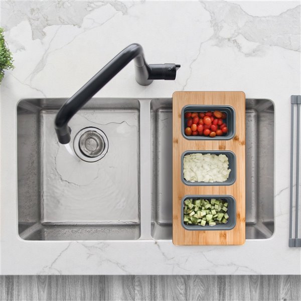 Stylish BambooWorkstation Sink Divided Serving Board with 3 Collapsible Containers - 18-in x 8.5-in