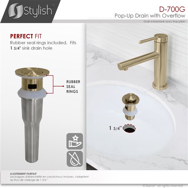 Stylish Bathroom Sink Pop-Up Drain with Overflow - Gold