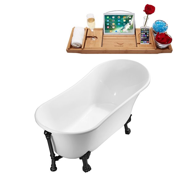 Streamline 32 W x 67 L Glossy White Acrylic Clawfoot Oval Bathtub with Matte Black Feet and Reversible Drain with Tray