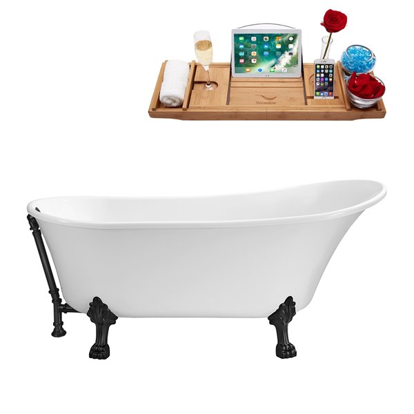 Streamline 32 W x 67 L Glossy White Acrylic Clawfoot Oval Bathtub with Matte Black Feet and Reversible Drain with Tray