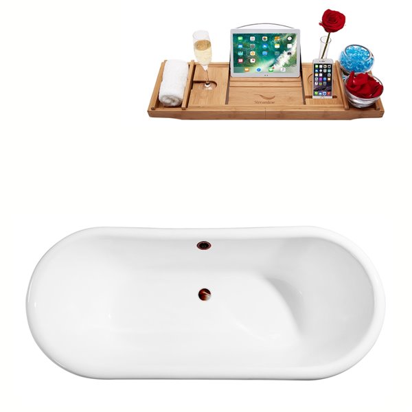 Streamline 32W x 71L Glossy White Cast Iron Clawfoot Bathtub with Glossy White Feet and Center Drain with Tray