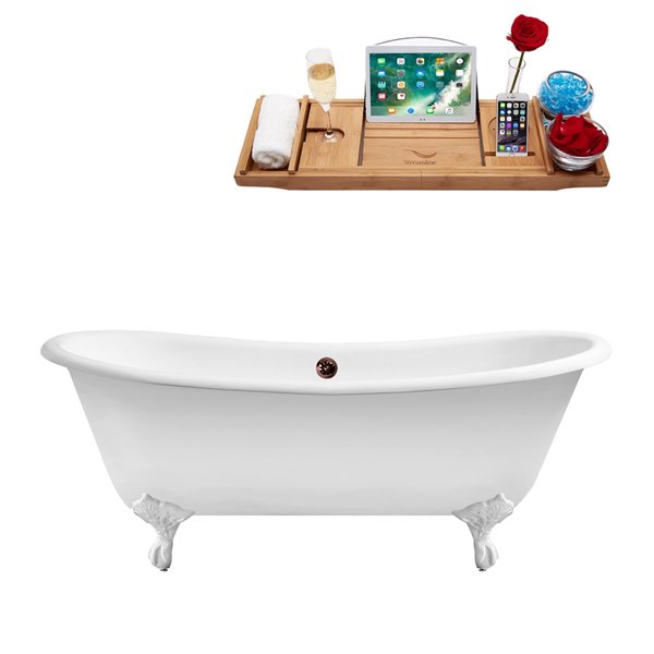 Streamline 32W x 71L Glossy White Cast Iron Clawfoot Bathtub with Glossy White Feet and Center Drain with Tray